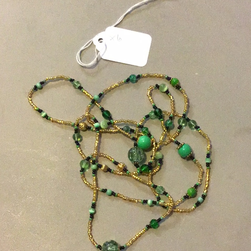 X-tra Long Light Weight Necklace 50"  green & gold, handmade,  OOAK, NWOT ... x6